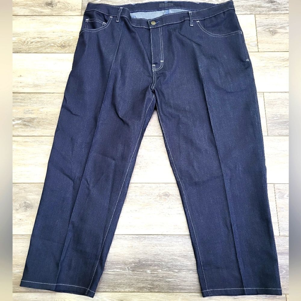 Blue Delta bespoke custom made jeans,  dark denim white stitching